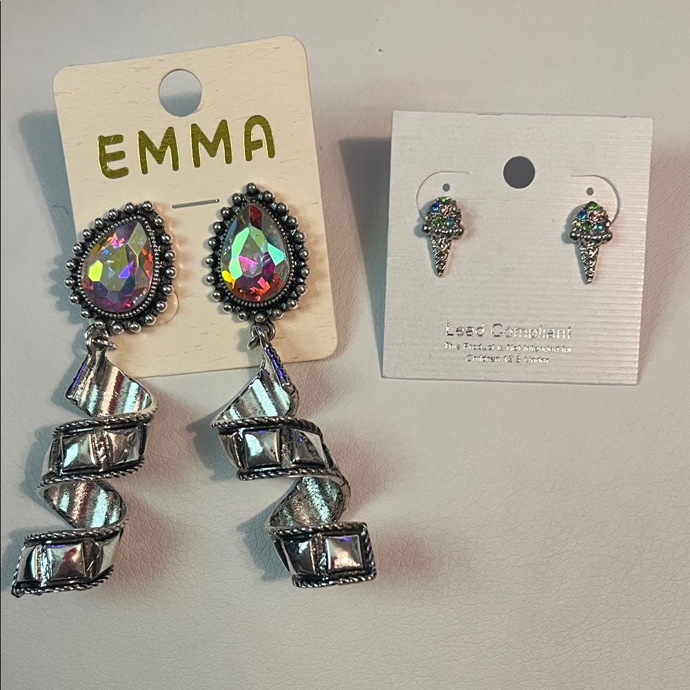EMMA AB Teardrop Spiral Drop Earrings (& bonus ice cream cone earrings)